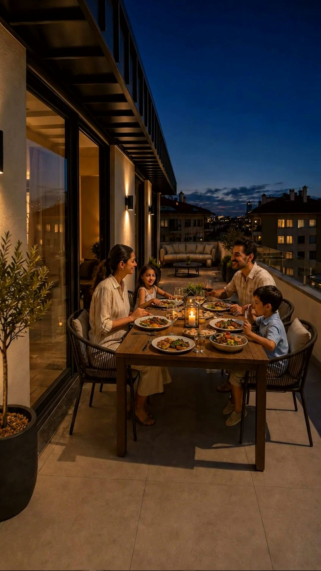 A family dinner on the terrace in the evening