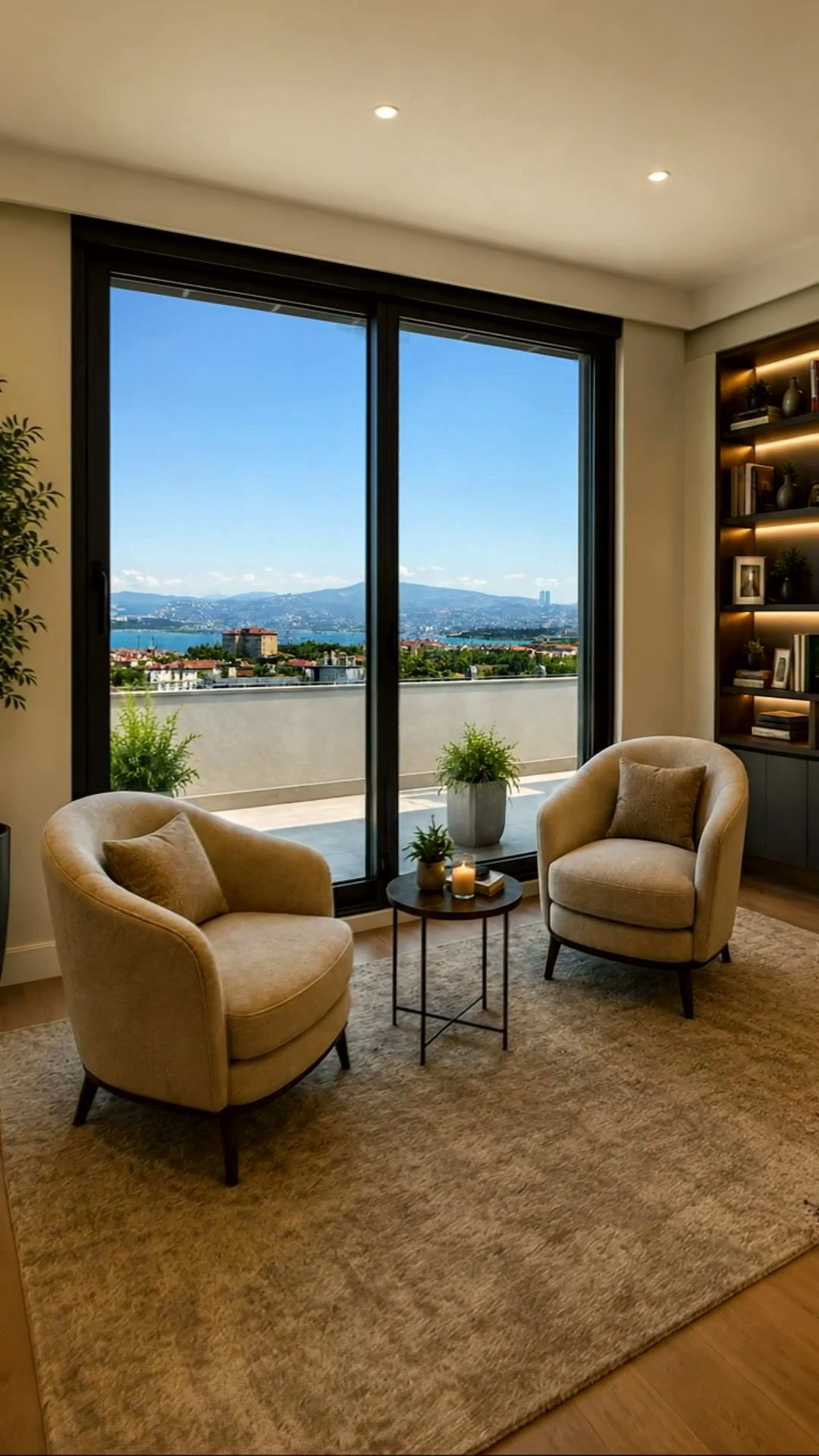 A living room with wide windows overlooking the Bosphorus