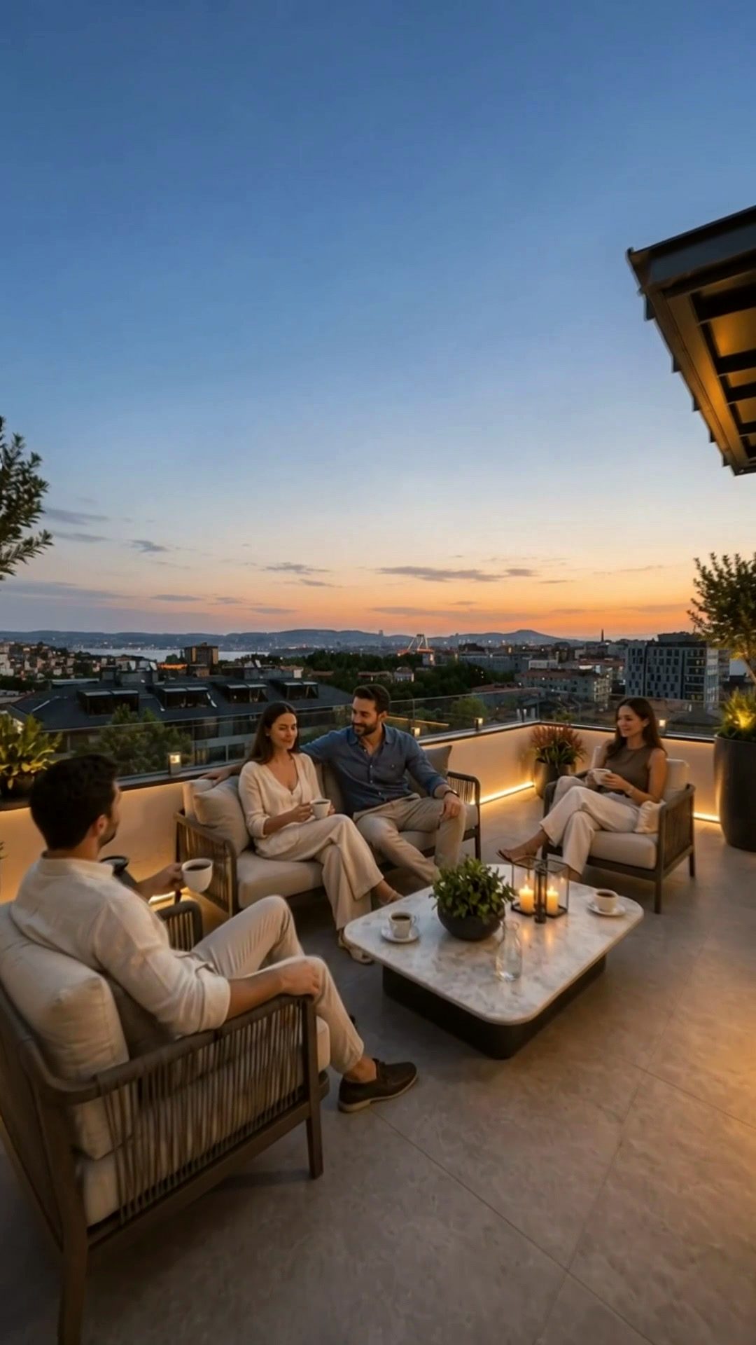 A family sitting on a terrace at sunset