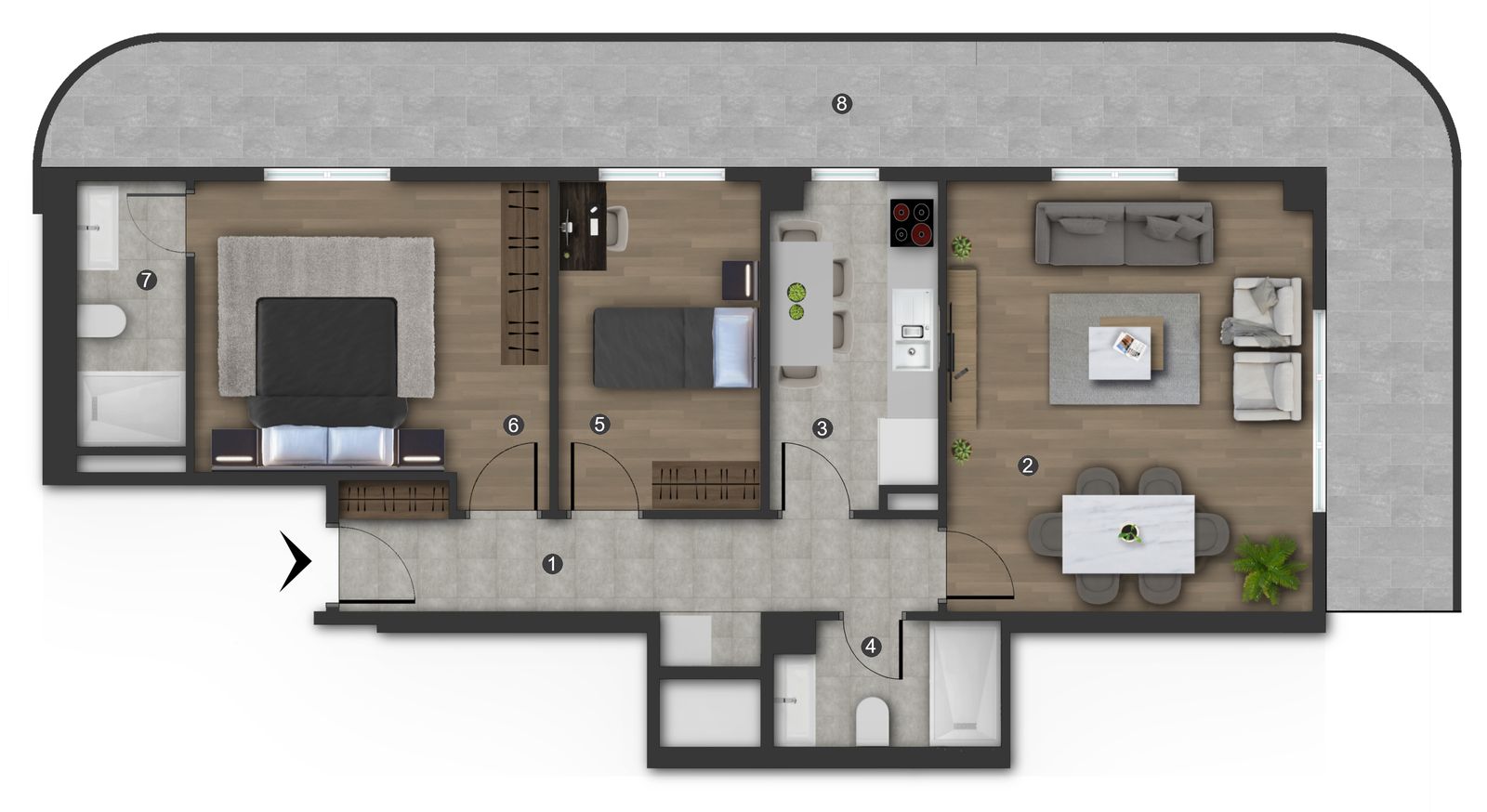 Floor plan of a 2+1 apartment, Block A, floor 1, apartment 1