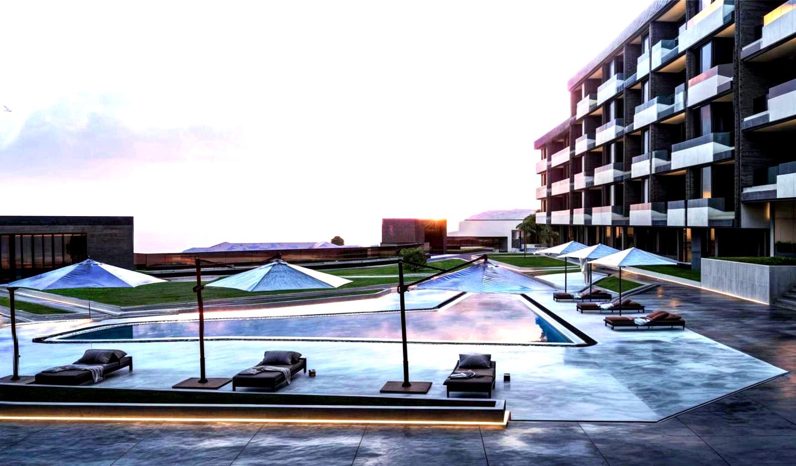 Outdoor pool and sun loungers at dusk — render
