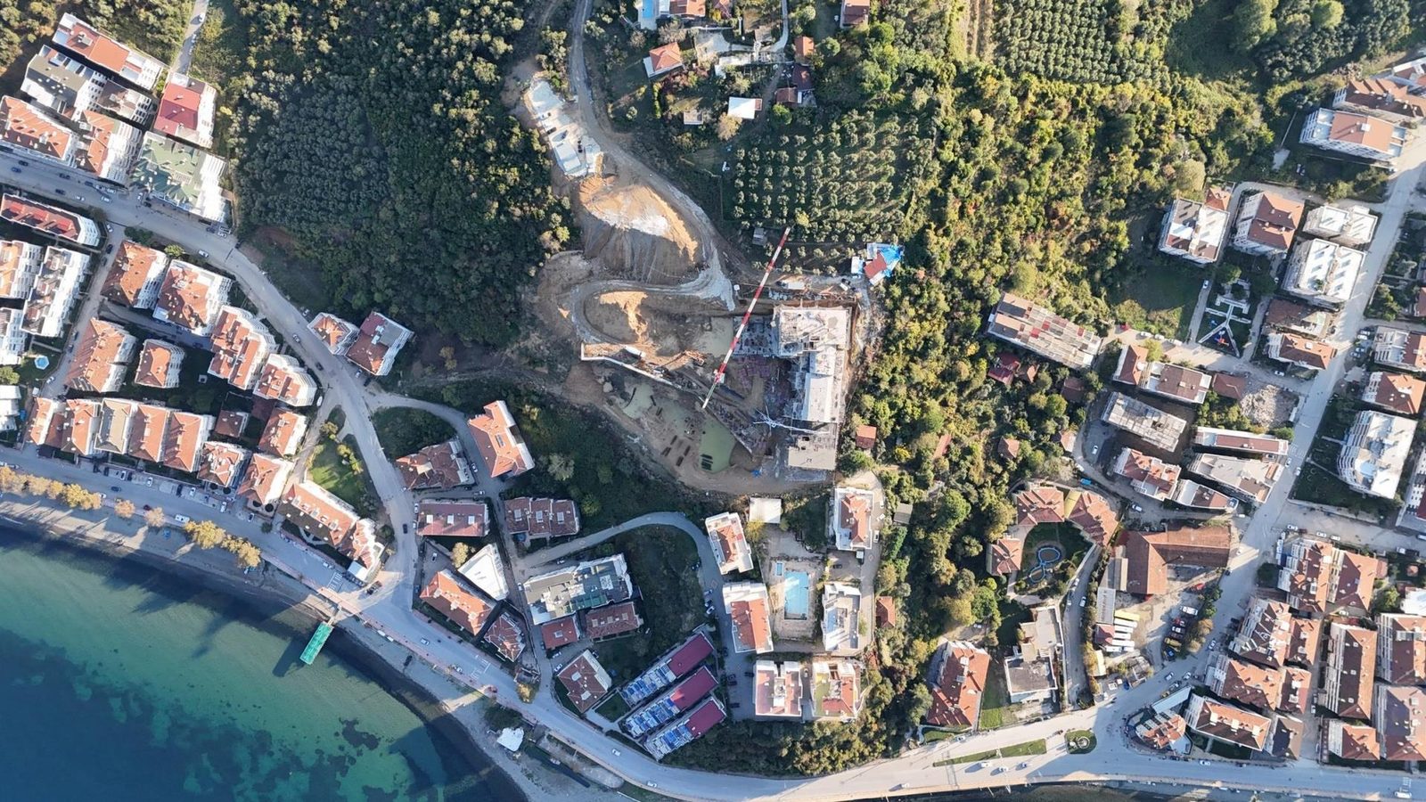 Top-down drone photo of the site near the shore