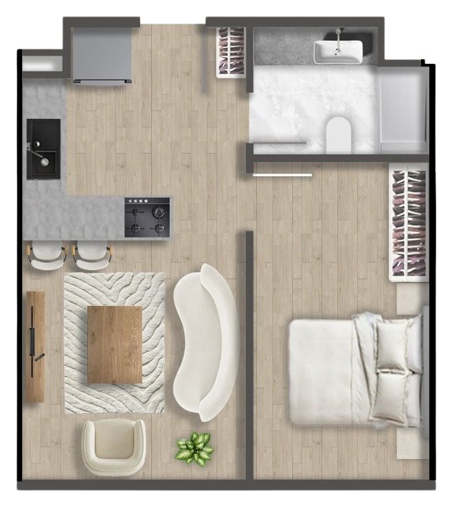 1+1 · 户型 A · 74.73 m² — 伊斯坦布尔卡厄特哈内公寓 1+1 户型，近方形紧凑布局，开放式客厅与厨房相连并设早餐吧台