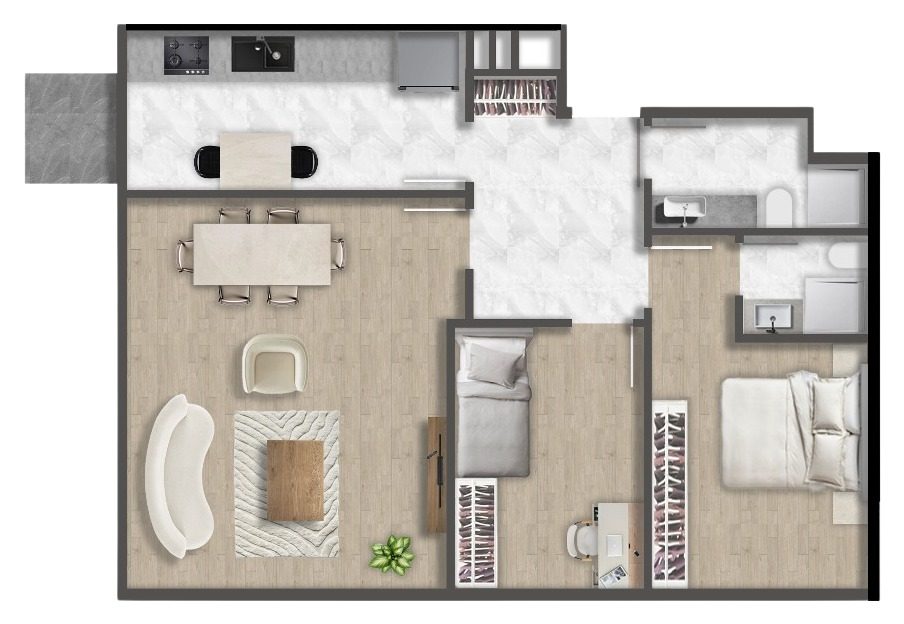 2+1 · 户型 A · 110.76 m² — 卡厄特哈内 2+1 长方形户型，宽敞的客厅兼餐厅，独立厨房配餐桌并通向阳台