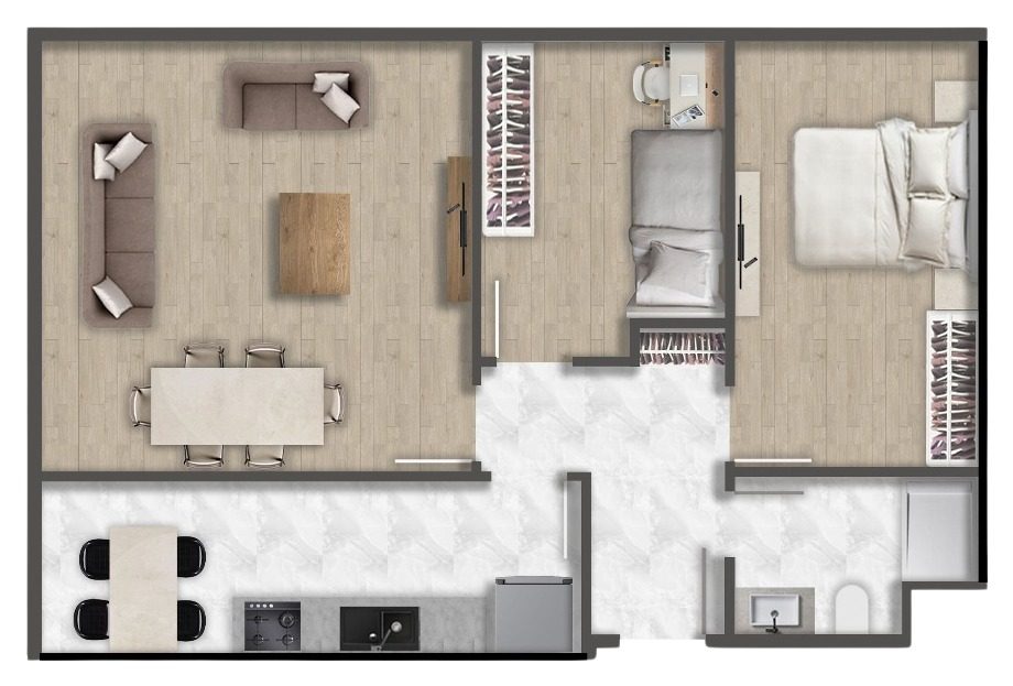 2+1 · 户型 B · 104.18 m² — 长方形 2+1 户型，大客厅兼餐厅，独立厨房自带早餐桌