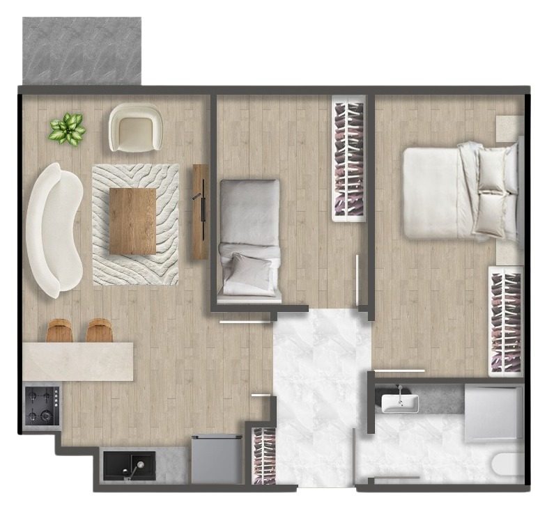 2+1 · 户型 C · 93 m² — 卡厄特哈内近方形紧凑 2+1 公寓，开放式客厅与厨房设早餐吧台，客厅外接阳台