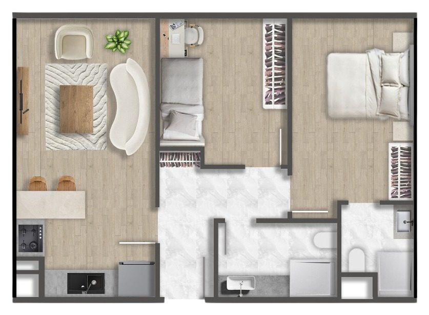 2+1 · 户型 D · 95.96 m² — 长方形 2+1 户型，开放式客厅与厨房设早餐吧台