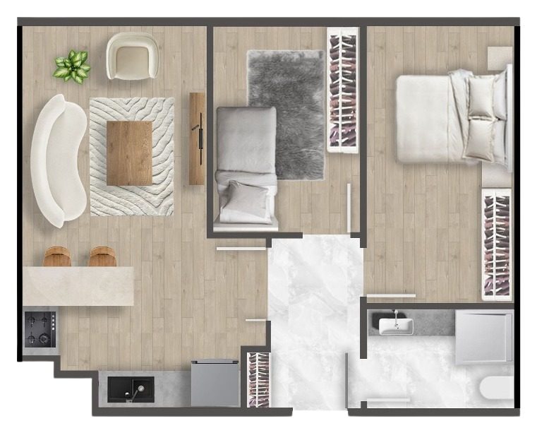 2+1 · 户型 E · 93.78 m² — 近方形紧凑 2+1 户型，开放式客厅与厨房设早餐吧台