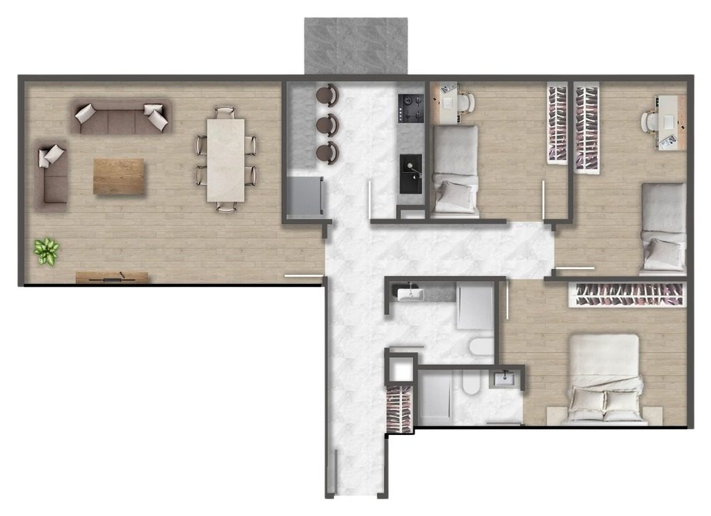 3+1 · 户型 A · 142.35 m² — L 形 3+1 户型，起居区与卧室区分开：大客厅兼餐厅，独立厨房设早餐吧台，旁边是阳台