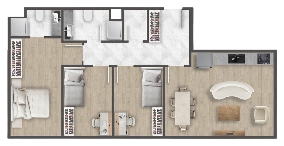 3+1 · 户型 B · 130.76 m² — 伊斯坦布尔卡厄特哈内 3+1 公寓出售，宽长方形布局，开放式厨房、客餐厅和三间卧室沿同一长边排列